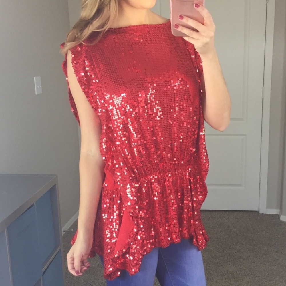 NWT Vintage Free People Red Sequin Sparkle Holiday Sparkly Tunic Top Small